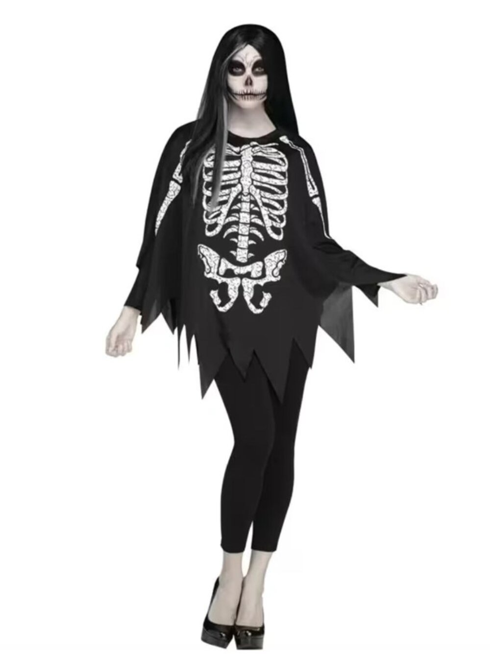 Skeleton Poncho Costume With Hood For Adults Black & White One Size Fits Most Si